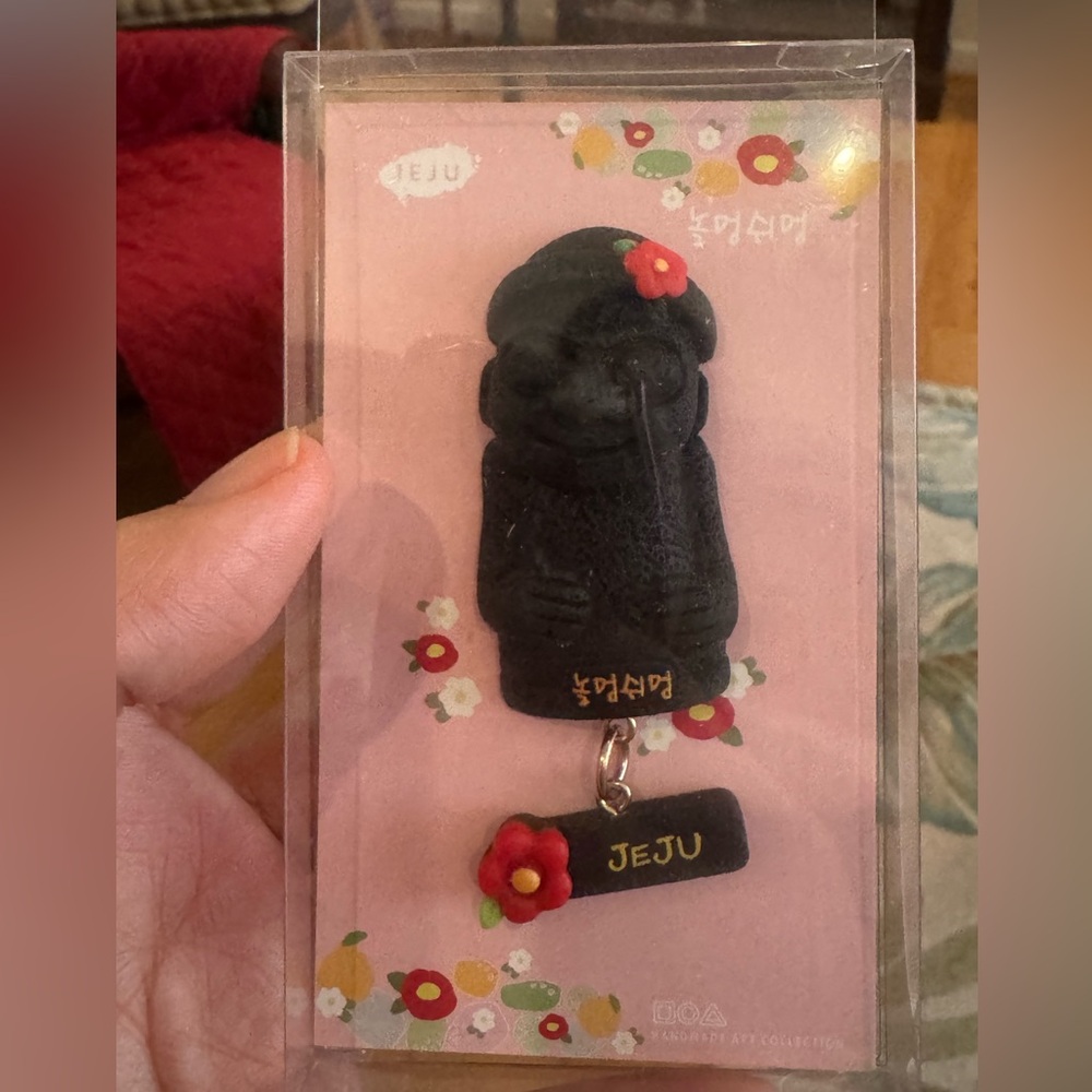 Jeju Black Stone Keychain with Red Flower Magnet